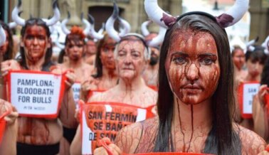 Fotos: Masivo ‘baño de sangre’ en la plaza principal de Pamplona marca el inicio del horrible encierro de toros