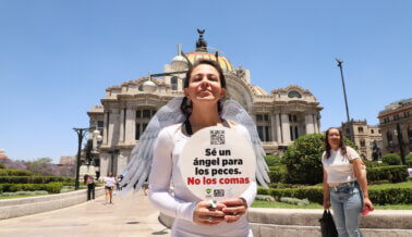 Los ángeles de PETA Latino causan sensación repartiendo pescado y mariscos veganos