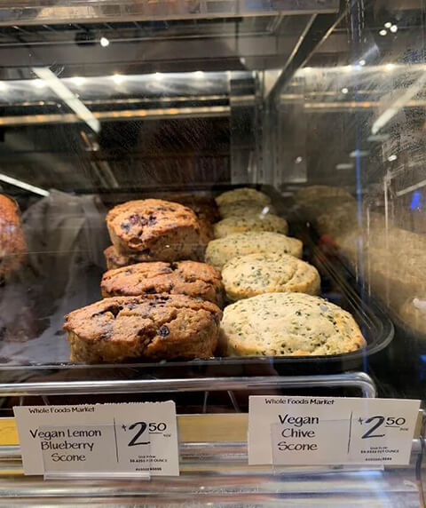 Vegan Scones in a bakery case at Whole Foods