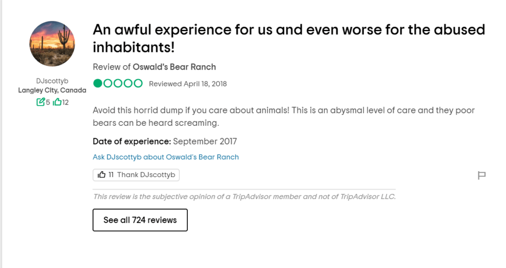 Negative review of Oswald's Bear Ranch